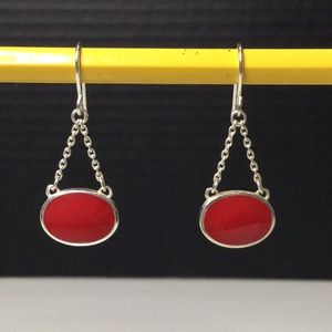 Silver Drop Earrings with Oval Red Stones